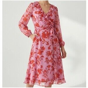 NEW Ann Taylor Floral Faux Wrap Midi Dress Women 4 Petite Orange Pink Chiffon